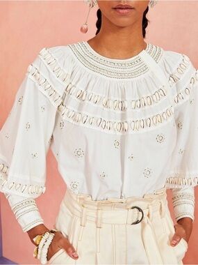 Ulla Johnson Ivory Shell-Embellished Puff-Sleeve Blouse